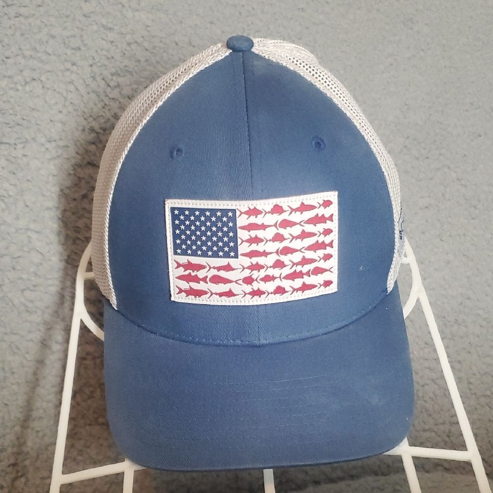 Columbia PFG Blue and White Mesh Cap with Fish Flag Patch